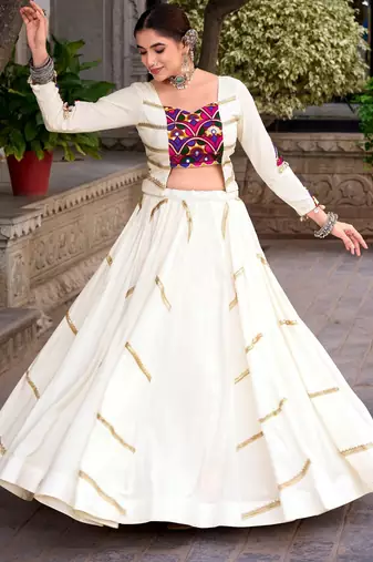 Off White Mirror Gamthi Work Pure Rayon Navratri Lehenga Choli with Blouse