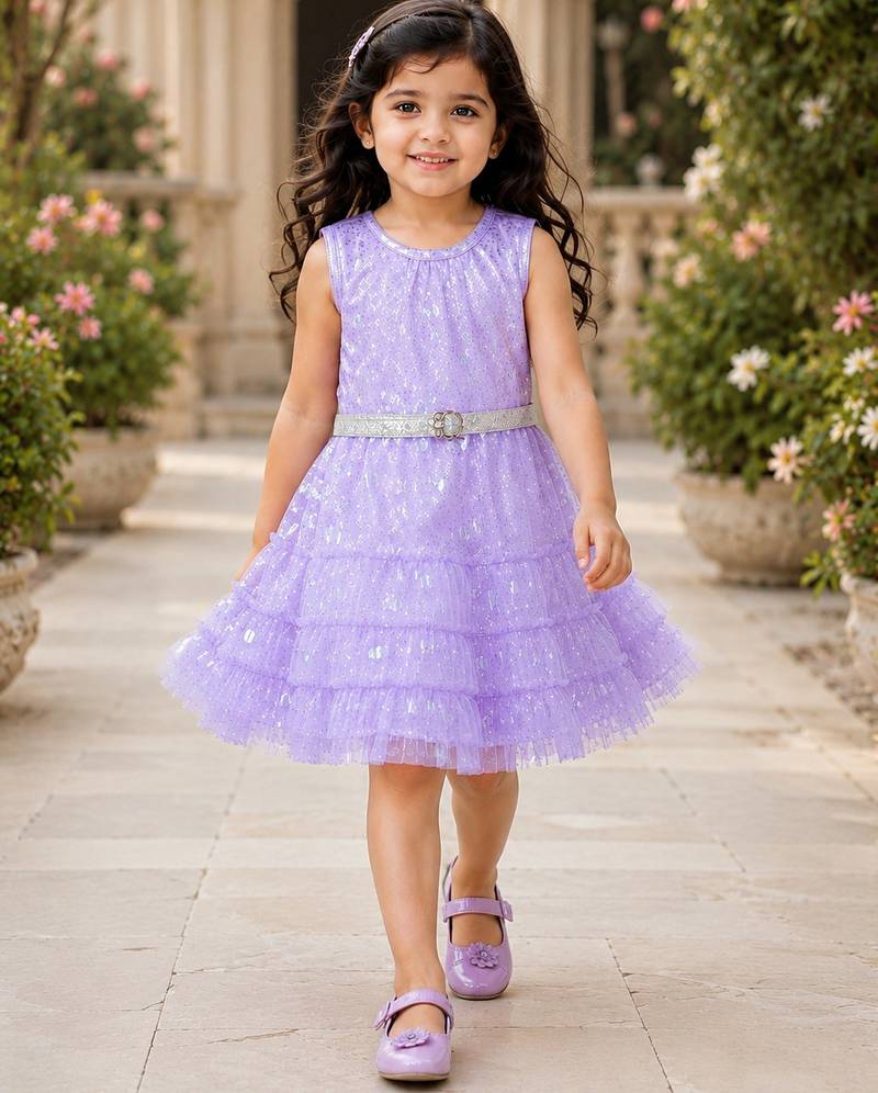 Girls Shimmer Tiered Sequinned Knit Fit & Flare Party Dress