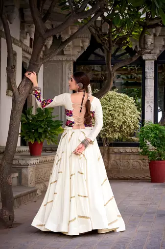 Off White Mirror Gamthi Work Pure Rayon Navratri Lehenga Choli with Blouse