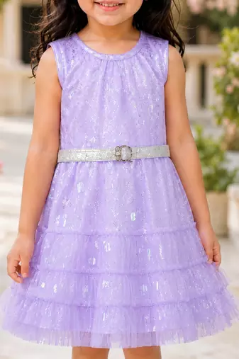 Girls Shimmer Tiered Sequinned Knit Fit & Flare Party Dress