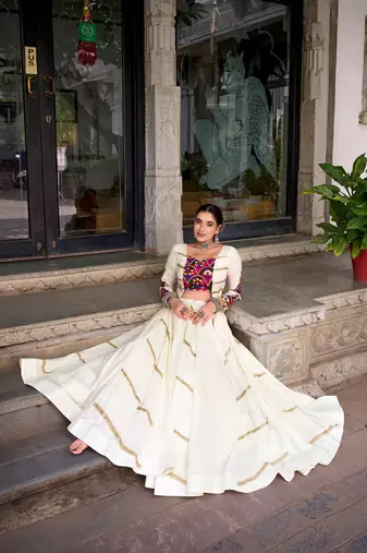 Off White Mirror Gamthi Work Pure Rayon Navratri Lehenga Choli with Blouse