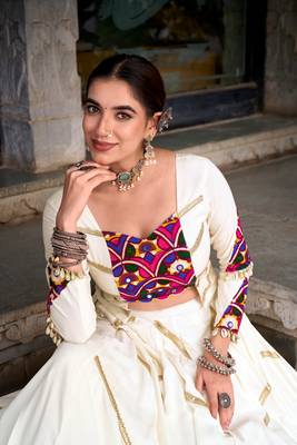 Off White Mirror Gamthi Work Pure Rayon Navratri Lehenga Choli with Blouse 5