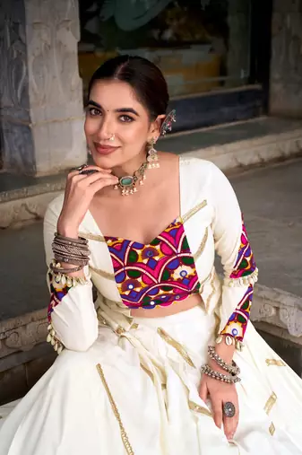 Off White Mirror Gamthi Work Pure Rayon Navratri Lehenga Choli with Blouse
