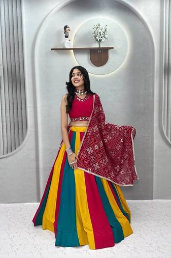 Multicolor Hand Mirror & Thread Work Pure Cotton Navratri Lehenga Choli with Vintage Dupatta