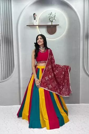 Multicolor Hand Mirror & Thread Work Pure Cotton Navratri Lehenga Choli with Vintage Dupatta