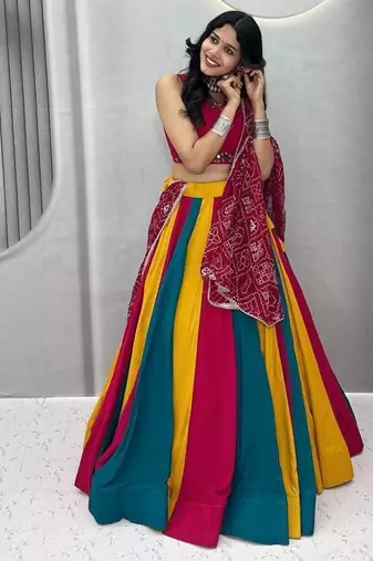 Multicolor Hand Mirror & Thread Work Pure Cotton Navratri Lehenga Choli with Vintage Dupatta