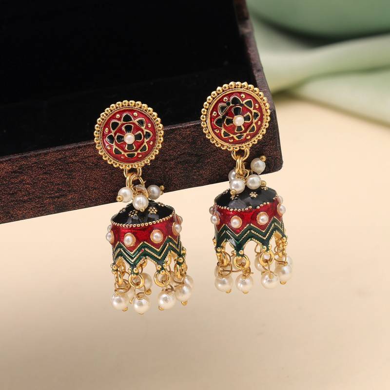 Maroon color meenakari earrings handmade ethnic pattern