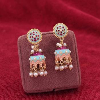 Sky blue color meenakari earrings festive wear look 1