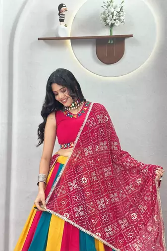 Multicolor Hand Mirror & Thread Work Pure Cotton Navratri Lehenga Choli with Vintage Dupatta