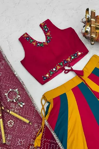 Multicolor Hand Mirror & Thread Work Pure Cotton Navratri Lehenga Choli with Vintage Dupatta