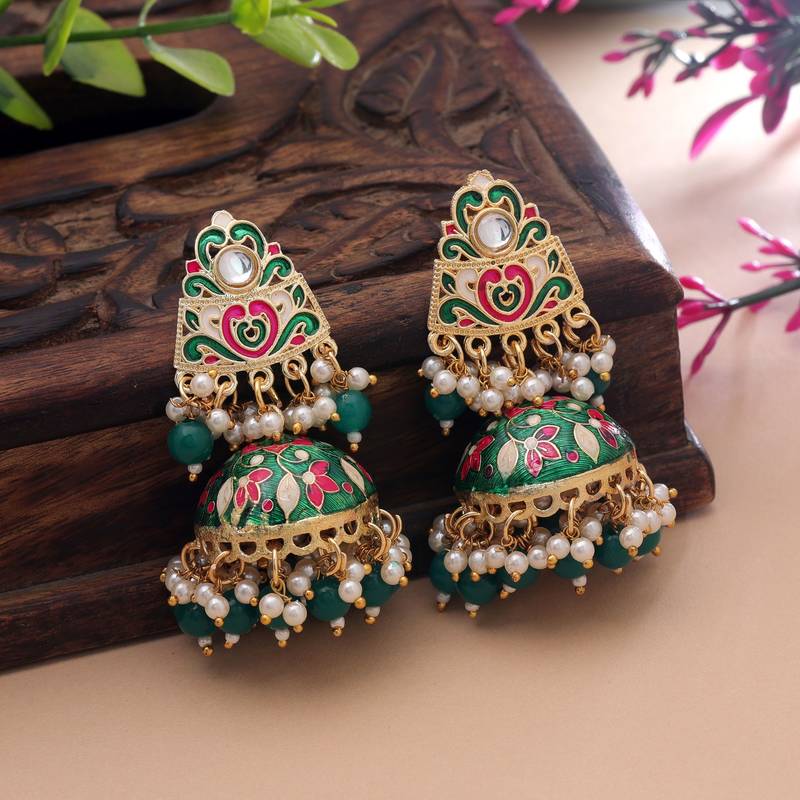 Green color meenakari earrings trendy handmade style