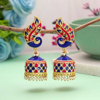 Blue & rani color meenakari earrings stylish look 1