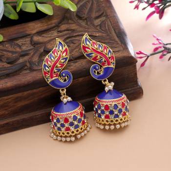 Blue & rani color meenakari earrings stylish look 2