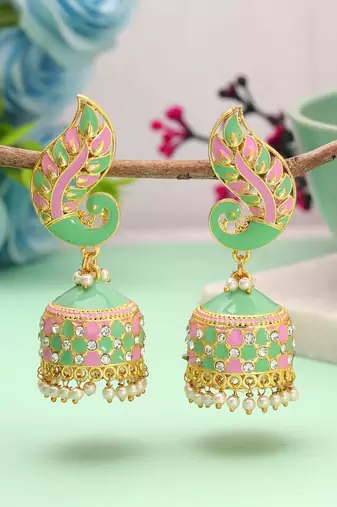 Pista green & pink color meenakari earrings designer