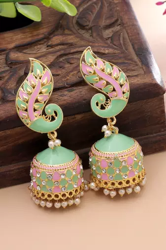 Pista green & pink color meenakari earrings designer