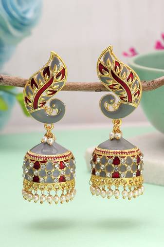 Grey & red color meenakari earrings handmade finish