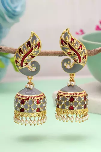 Grey & red color meenakari earrings handmade finish
