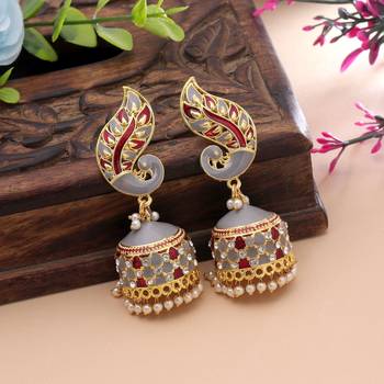 Grey & red color meenakari earrings handmade finish 2
