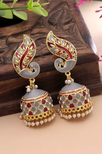 Grey & red color meenakari earrings handmade finish