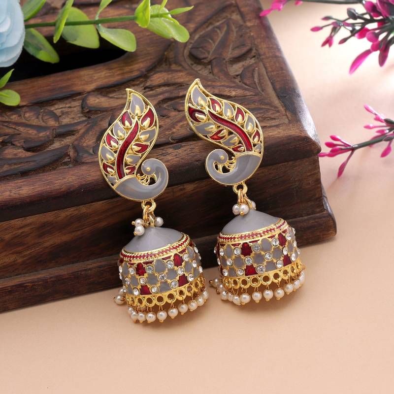 Grey & red color meenakari earrings handmade finish