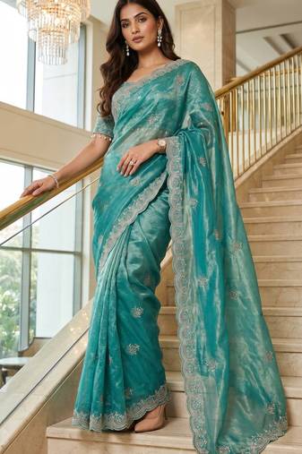 Blue Color Embroidery theard Work Satin Saree