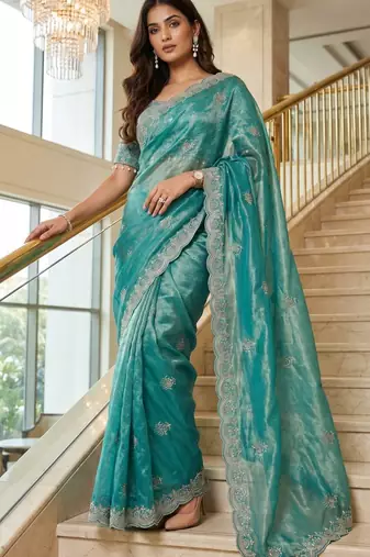Blue Color Embroidery theard Work Satin Saree