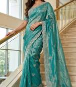 Blue Color Embroidery theard Work Satin Saree