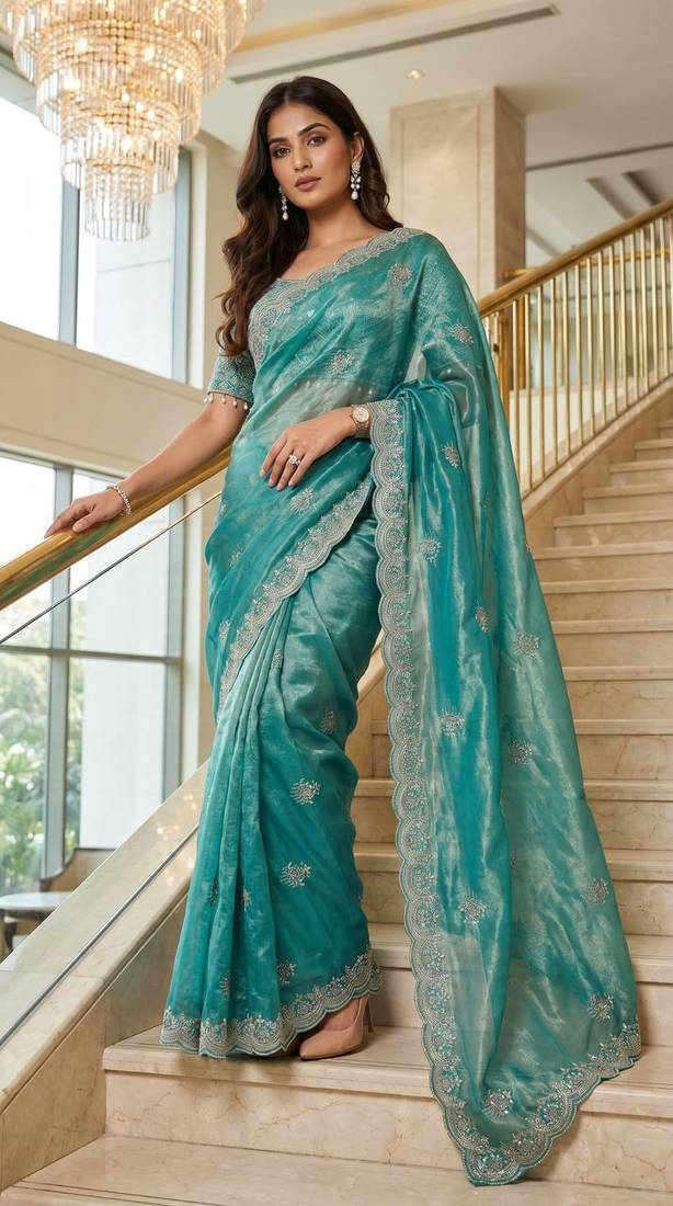 Blue Color Embroidery theard Work Satin Saree
