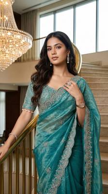 Blue Color Embroidery theard Work Satin Saree 2