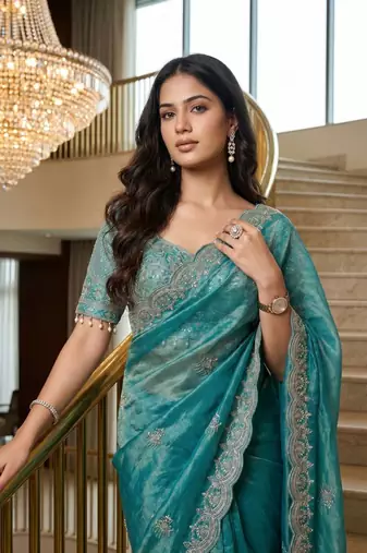 Blue Color Embroidery theard Work Satin Saree