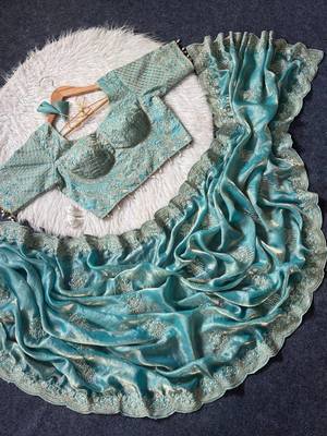 Blue Color Embroidery theard Work Satin Saree 3