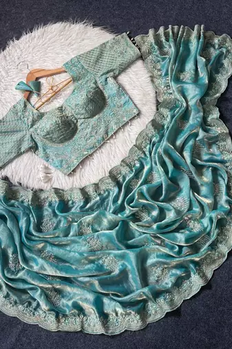 Blue Color Embroidery theard Work Satin Saree