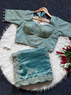 Blue Color Embroidery theard Work Satin Saree 4