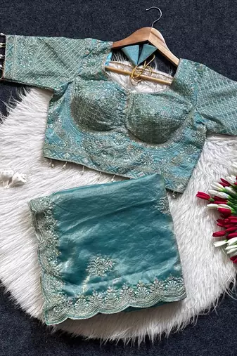 Blue Color Embroidery theard Work Satin Saree
