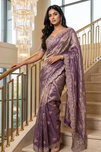 Lavender Color Embroidery theard Work Satin Saree