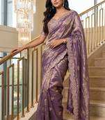 Lavender Color Embroidery theard Work Satin Saree