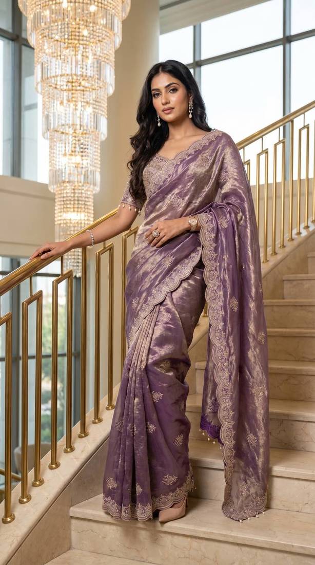 Lavender Color Embroidery theard Work Satin Saree