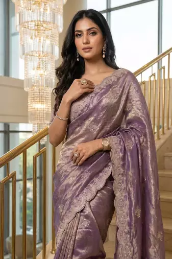 Lavender Color Embroidery theard Work Satin Saree