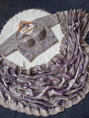 Lavender Color Embroidery theard Work Satin Saree 3