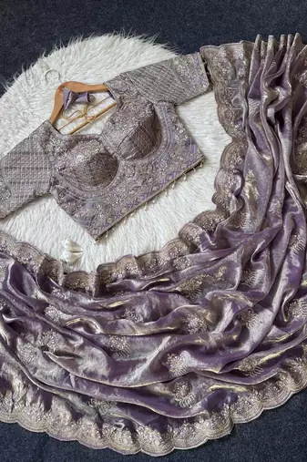Lavender Color Embroidery theard Work Satin Saree