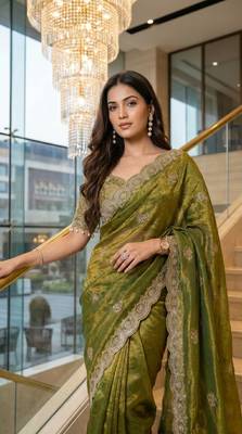 Olive Color Embroidery theard Work Satin Saree 1