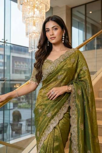 Olive Color Embroidery theard Work Satin Saree
