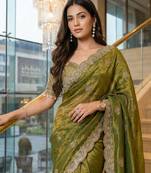 Olive Color Embroidery theard Work Satin Saree