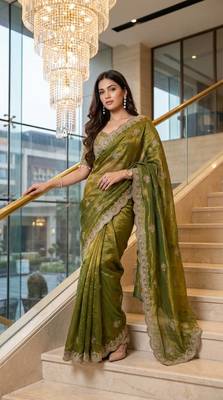 Olive Color Embroidery theard Work Satin Saree 2