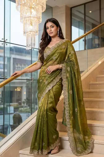 Olive Color Embroidery theard Work Satin Saree