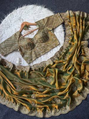 Olive Color Embroidery theard Work Satin Saree 3