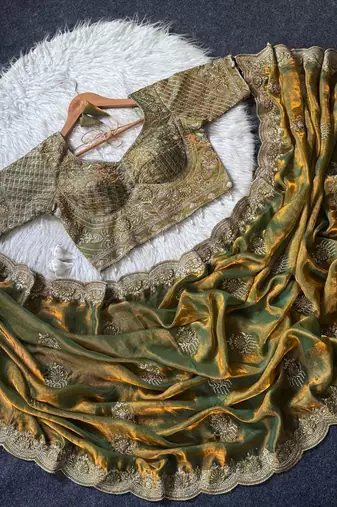 Olive Color Embroidery theard Work Satin Saree