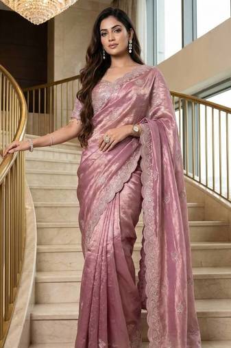 Pink Color Embroidery theard Work Satin Saree