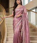 Pink Color Embroidery theard Work Satin Saree