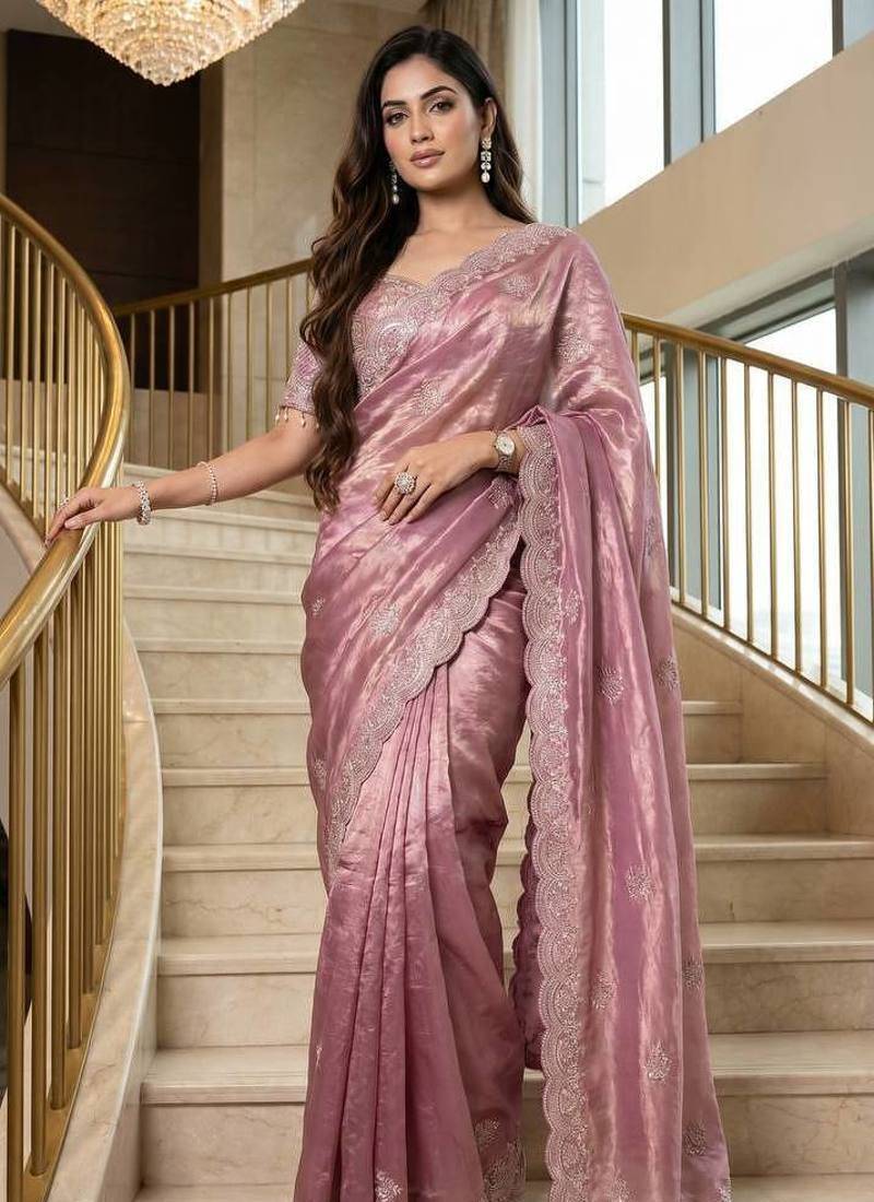 Pink Color Embroidery theard Work Satin Saree